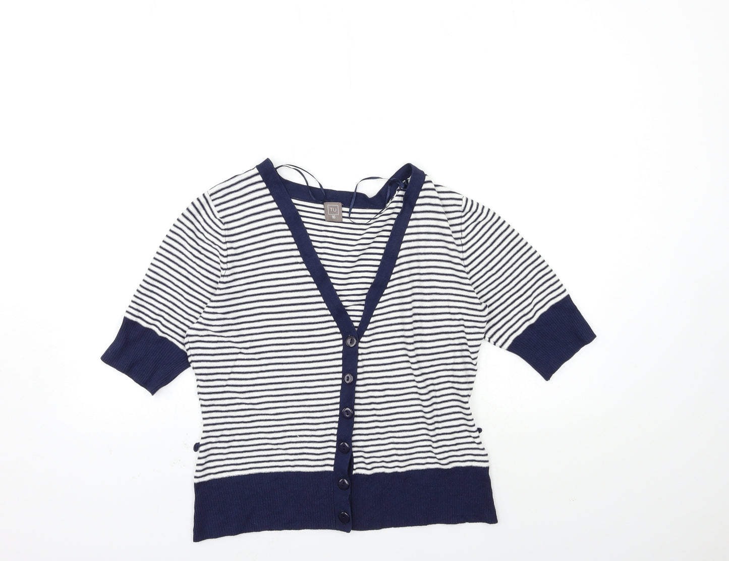 TU Womens White Striped Knit Cardigan Jumper Size 16