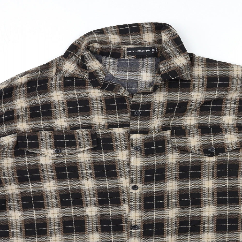 PRETTYLITTLETHING Womens Black Check  Basic Button-Up Size 12