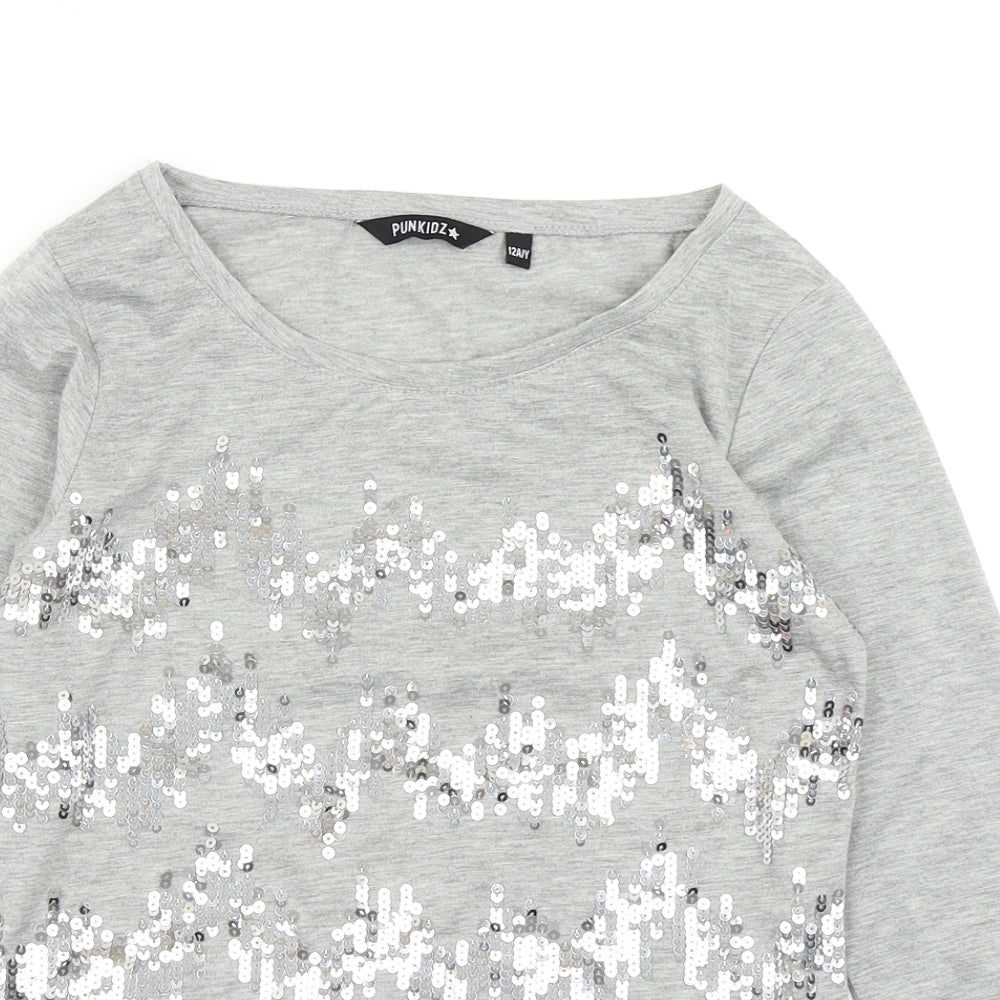 Punkidz Girls Grey Striped  Basic T-Shirt Size 12 Years