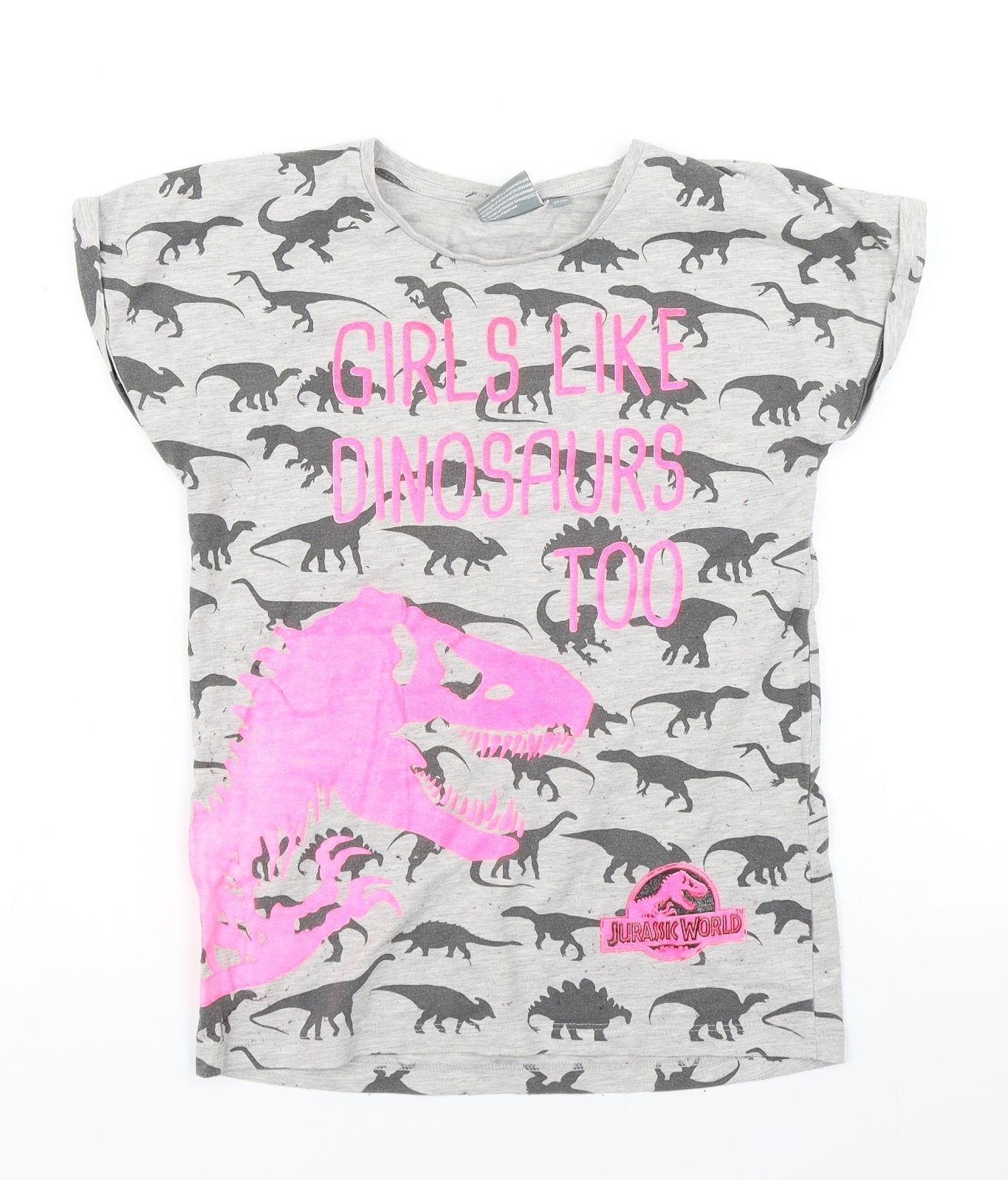 YD Girls Grey   Basic T-Shirt Size 11-12 Years  - Jurassic World Dinosaurs