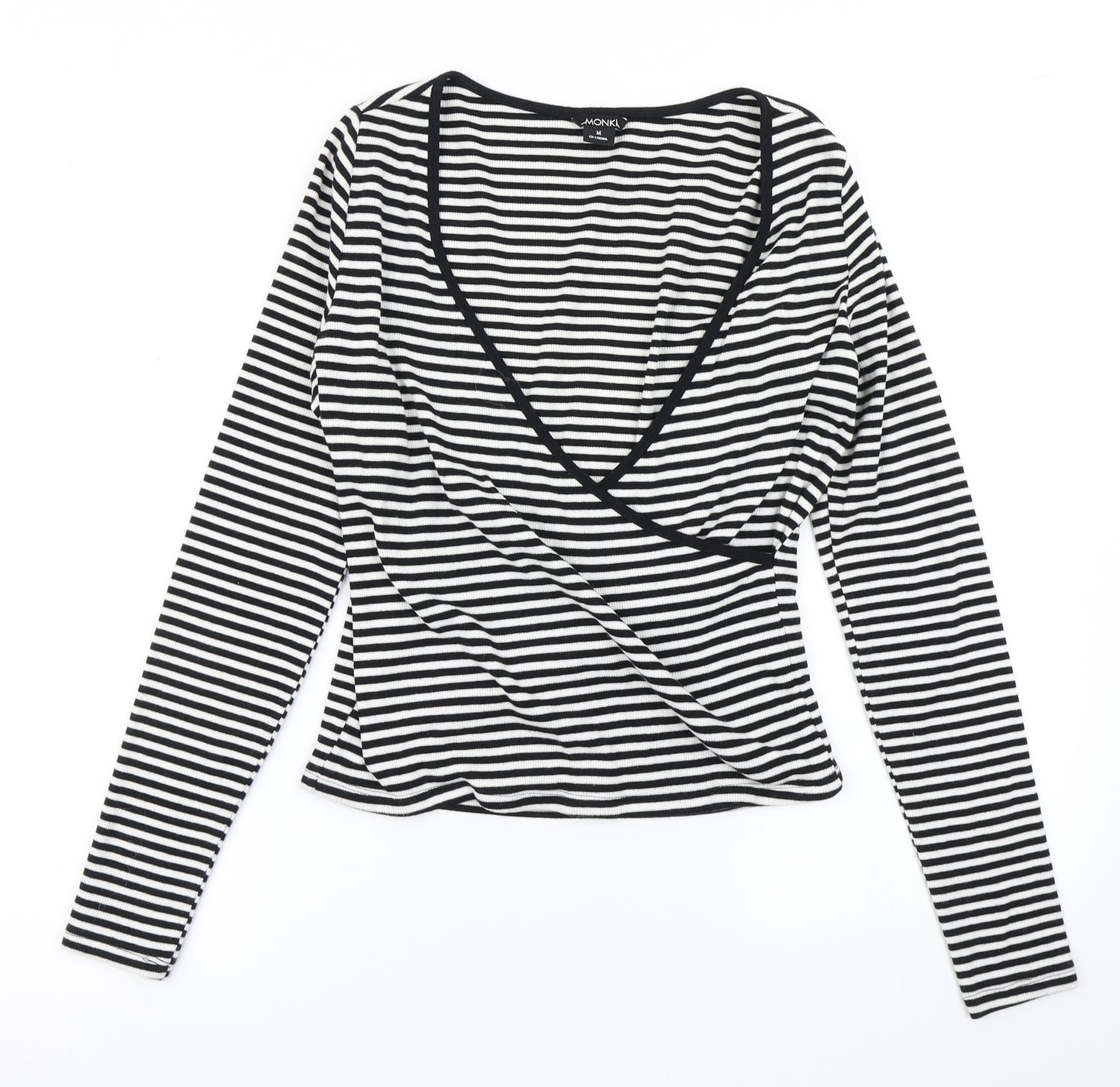 Monki Womens Black Striped  Wrap T-Shirt Size M