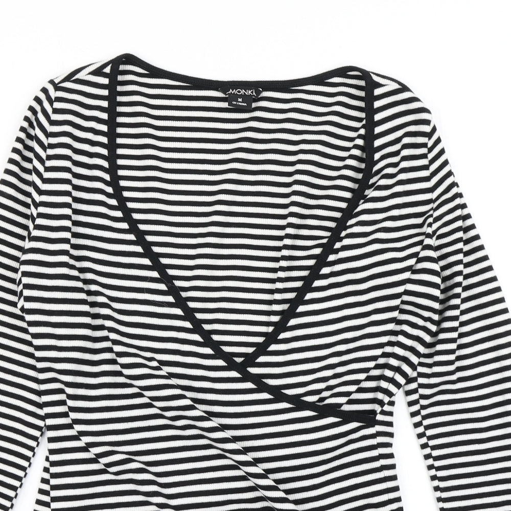 Monki Womens Black Striped  Wrap T-Shirt Size M
