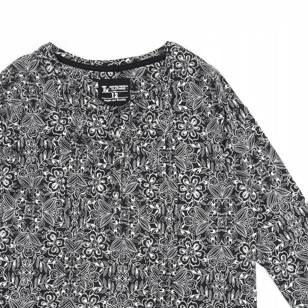TU Womens Black Floral  Basic T-Shirt Size 12