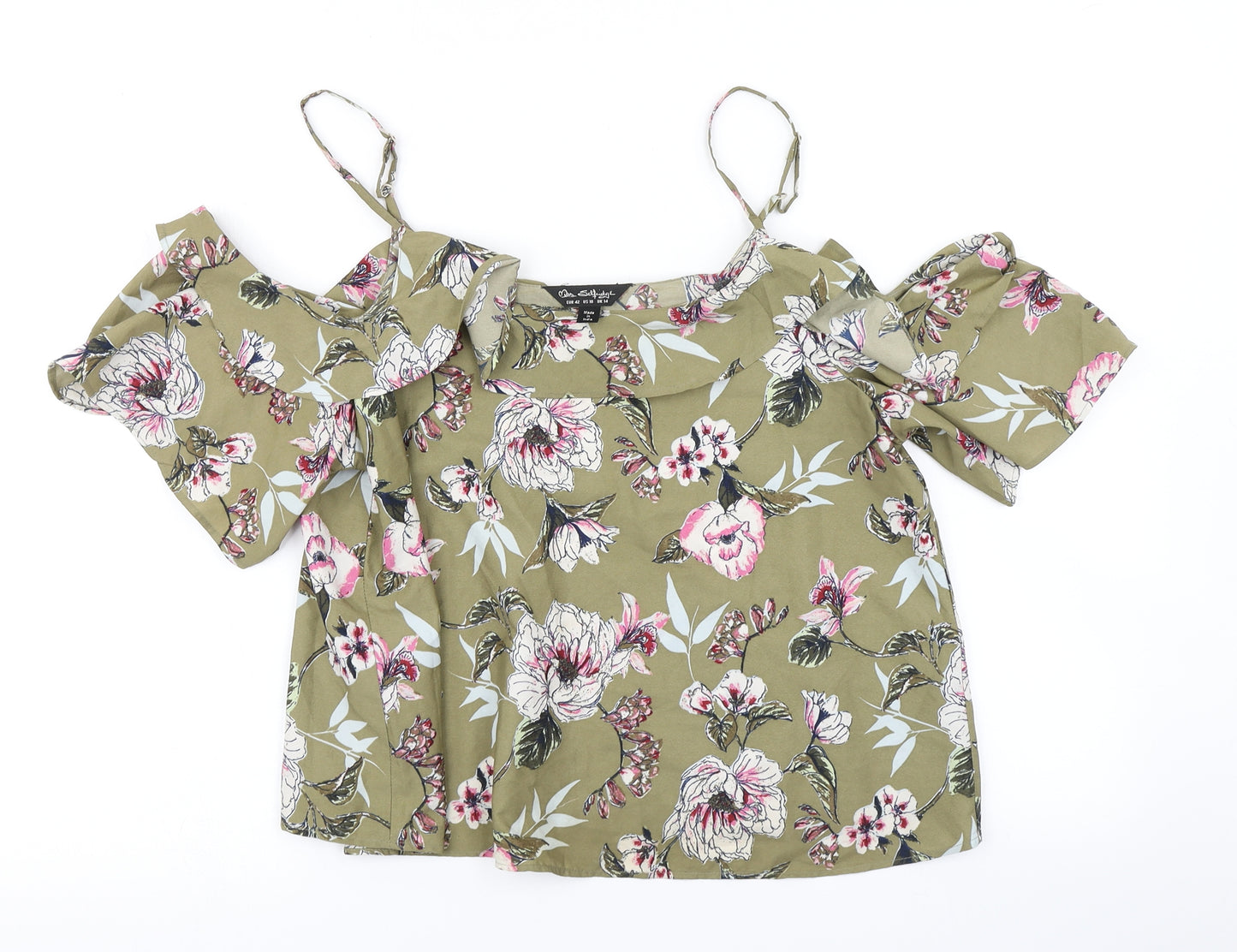 Miss Selfridge Womens Green Floral  Cropped Blouse Size 14  - Cold Shoulder