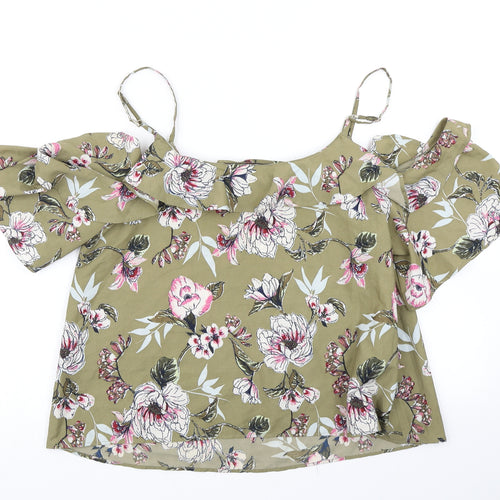 Miss Selfridge Womens Green Floral  Cropped Blouse Size 14  - Cold Shoulder