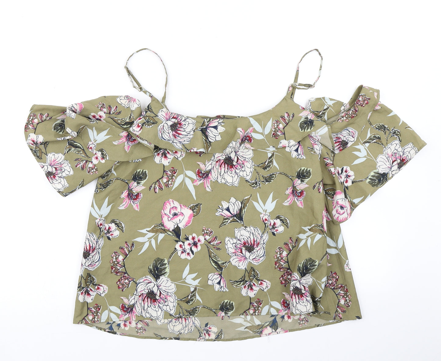 Miss Selfridge Womens Green Floral  Cropped Blouse Size 14  - Cold Shoulder