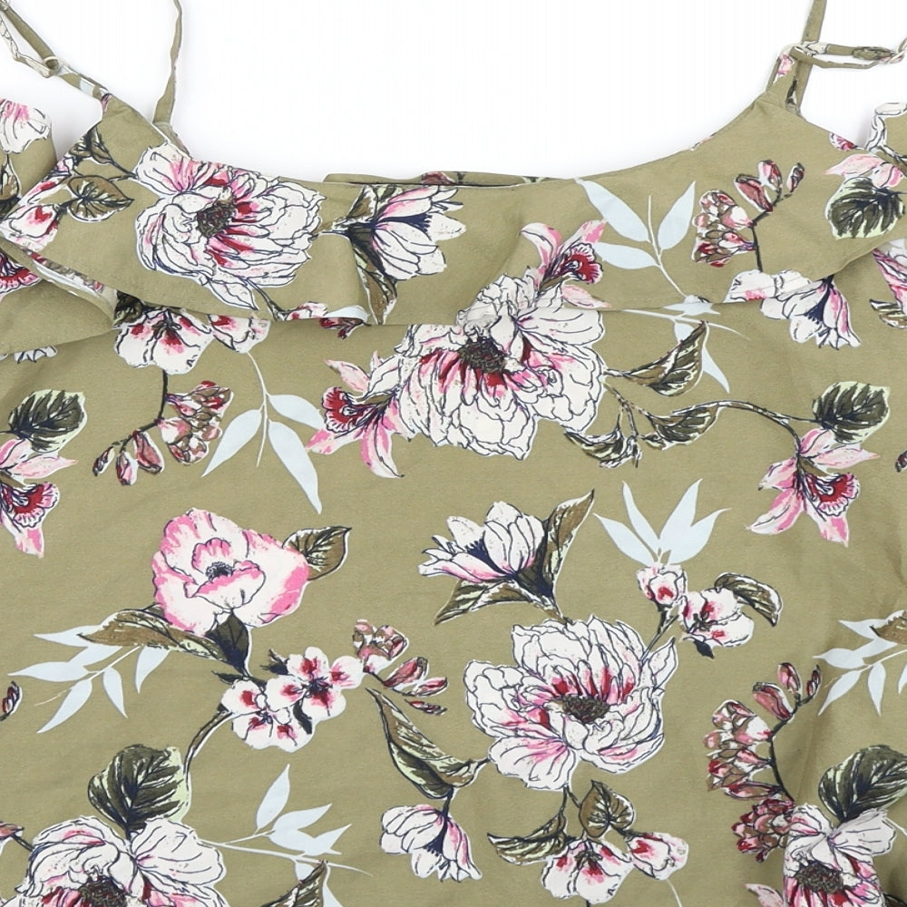 Miss Selfridge Womens Green Floral  Cropped Blouse Size 14  - Cold Shoulder