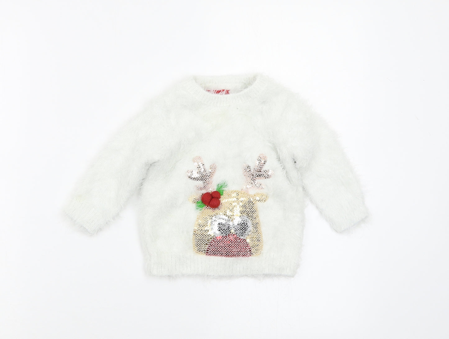 F&F Girls White   Pullover Jumper Size 12-18 Months  - christmas