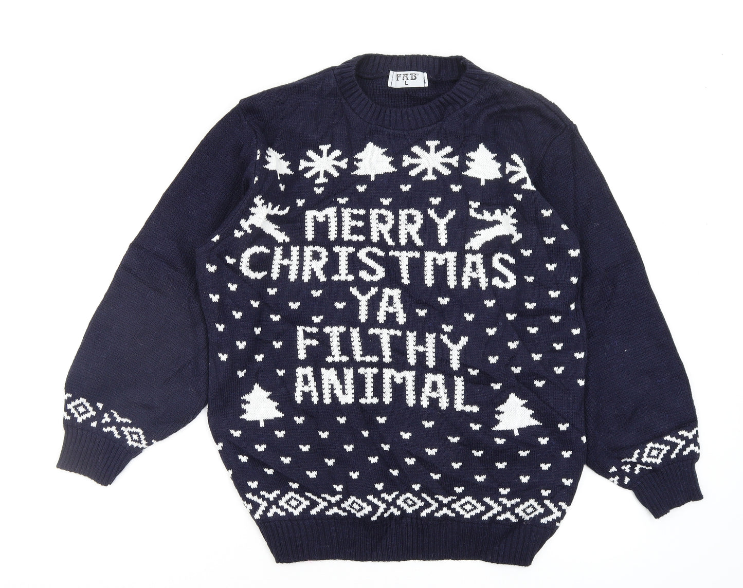 FAB Mens Blue Geometric  Pullover Jumper Size L  - christmas