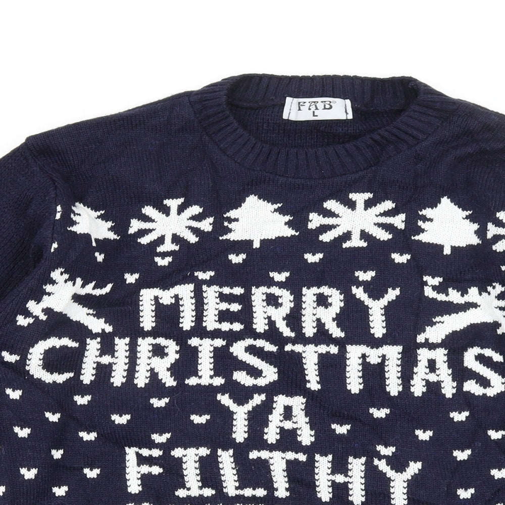 FAB Mens Blue Geometric  Pullover Jumper Size L  - christmas