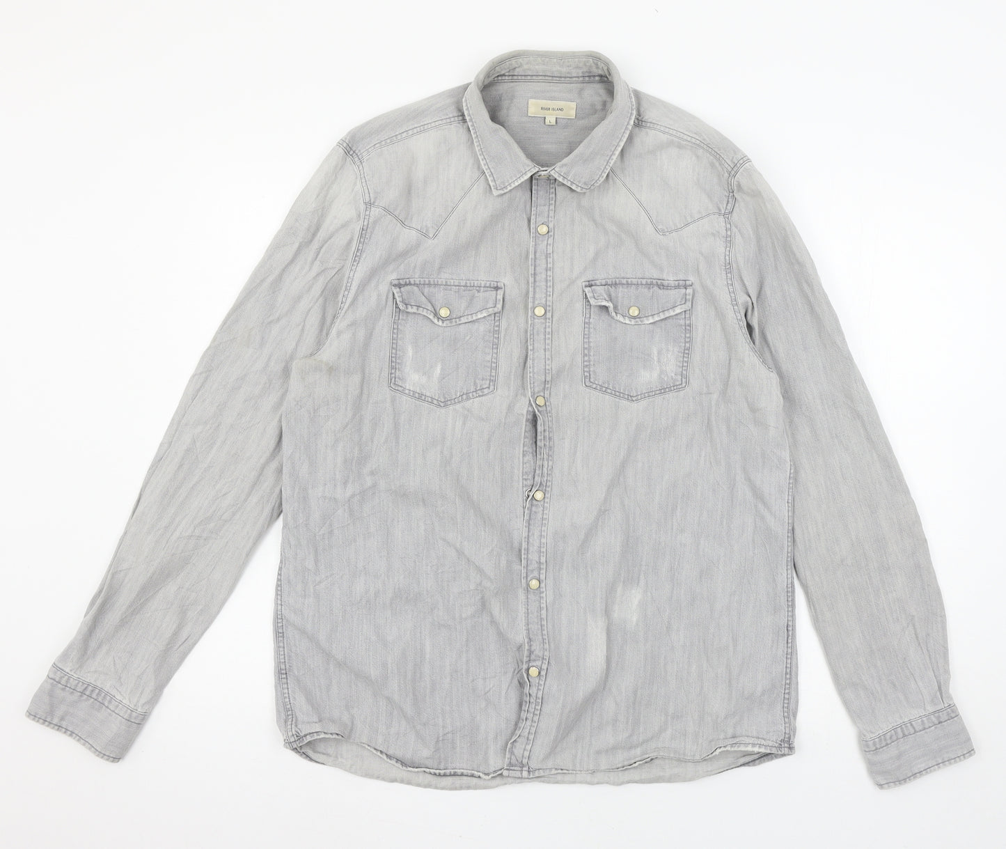 River Island Mens Grey  Denim  Button-Up Size L  - Distressed