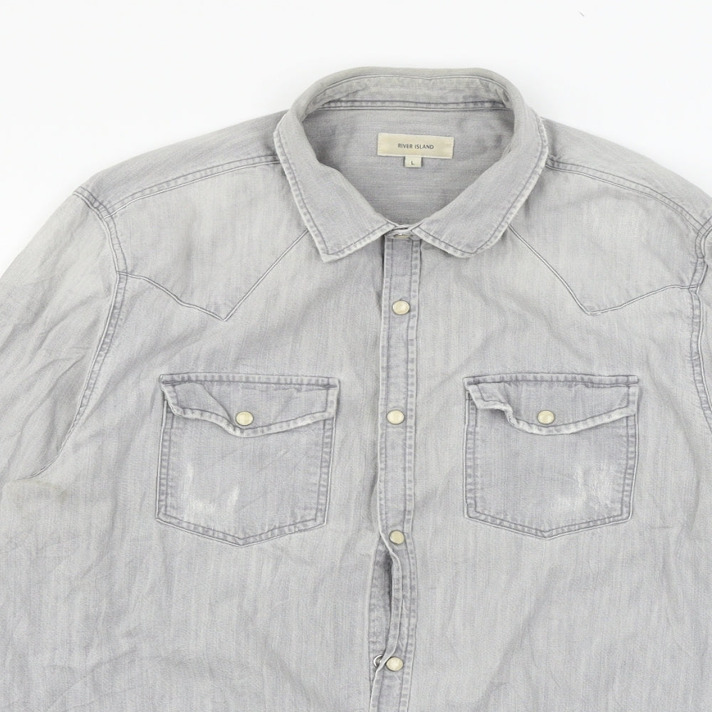 River Island Mens Grey  Denim  Button-Up Size L  - Distressed