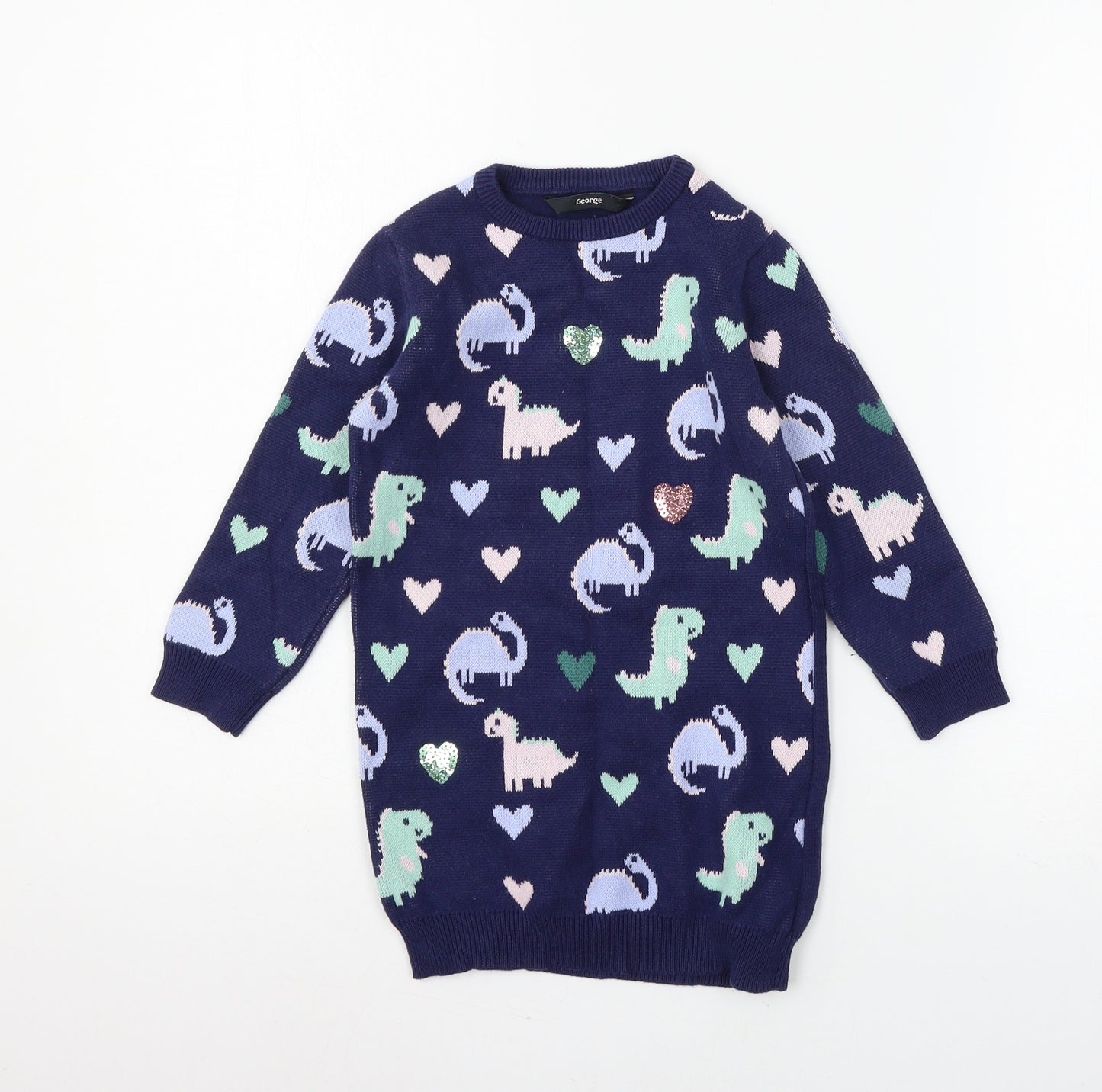 George Girls Blue  Knit Pullover Jumper Size 3-4 Years  - Dinosaur