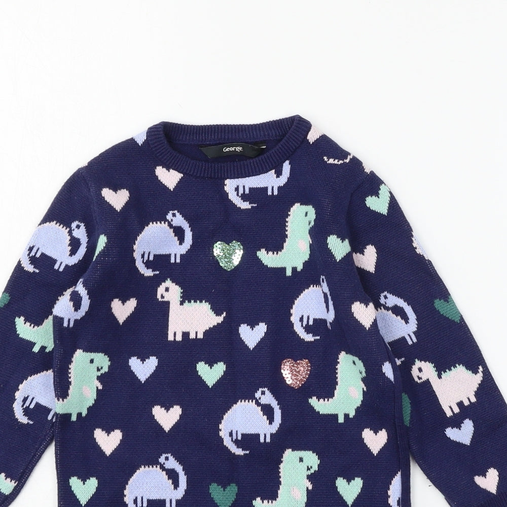 George Girls Blue  Knit Pullover Jumper Size 3-4 Years  - Dinosaur