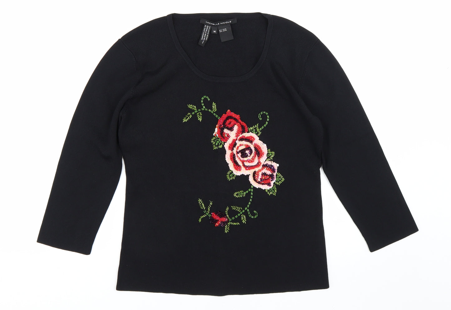 Michelle Nicole Womens Black Floral  Pullover Jumper Size M