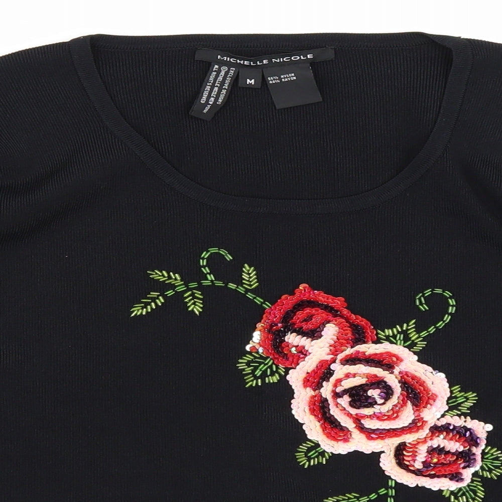 Michelle Nicole Womens Black Floral  Pullover Jumper Size M