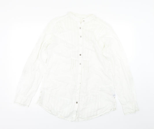 Front view of Preworn women’s white basic button-up, size UK 12