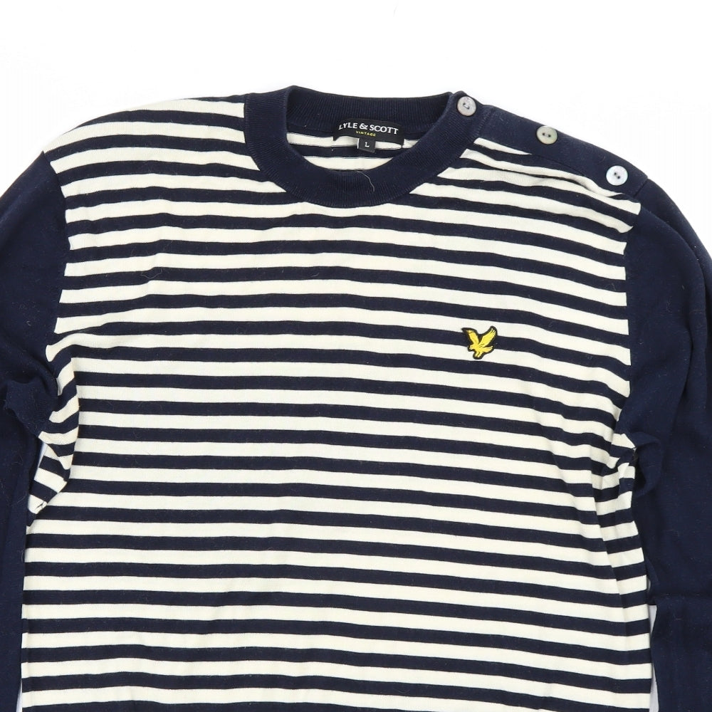 Lyle & Scott Mens Blue Striped  Pullover Jumper Size L