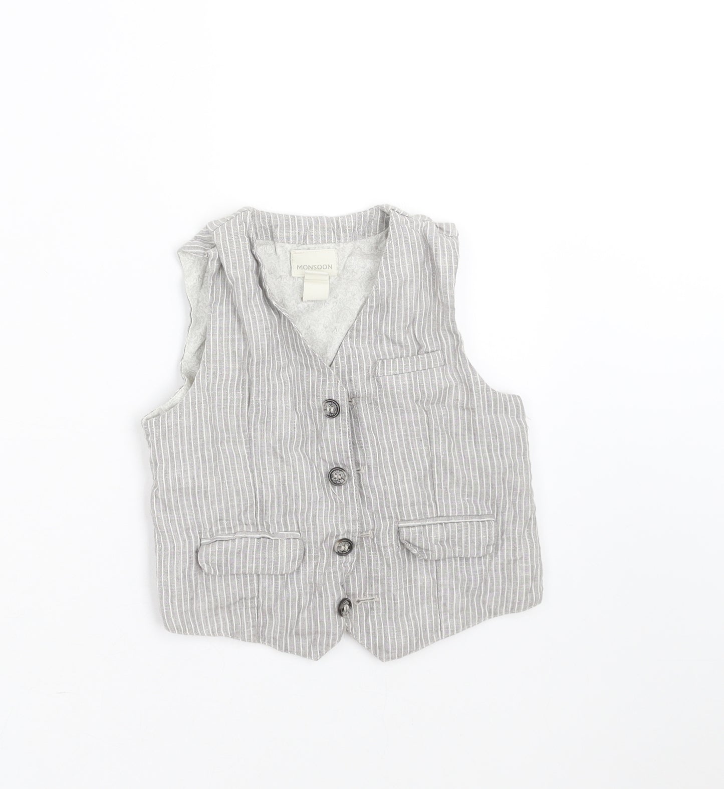 Monsoon Boys Grey Striped  Gilet Waistcoat Size 5 Years