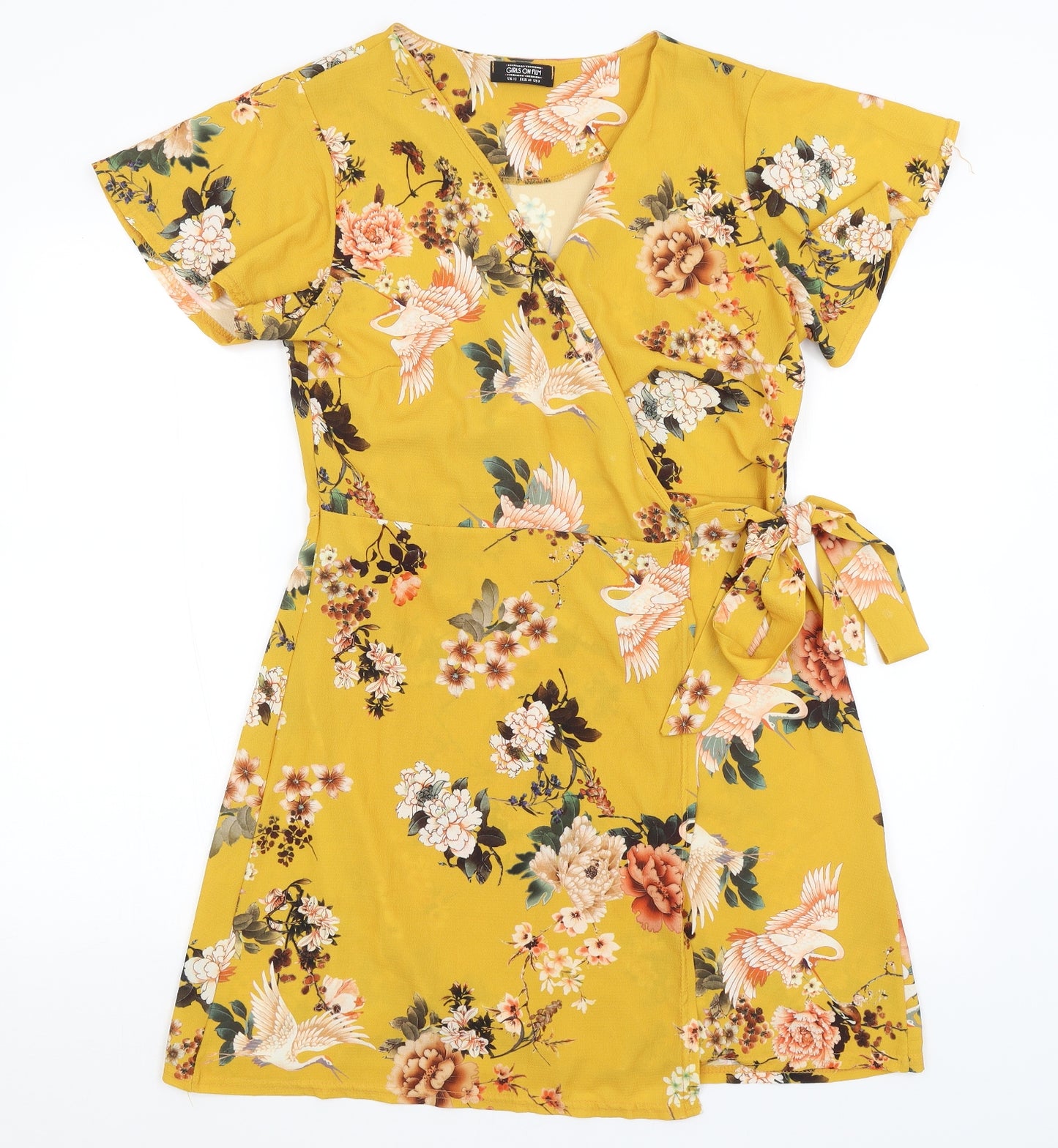 Girls On Film Womens Yellow Floral  Wrap Dress  Size 12