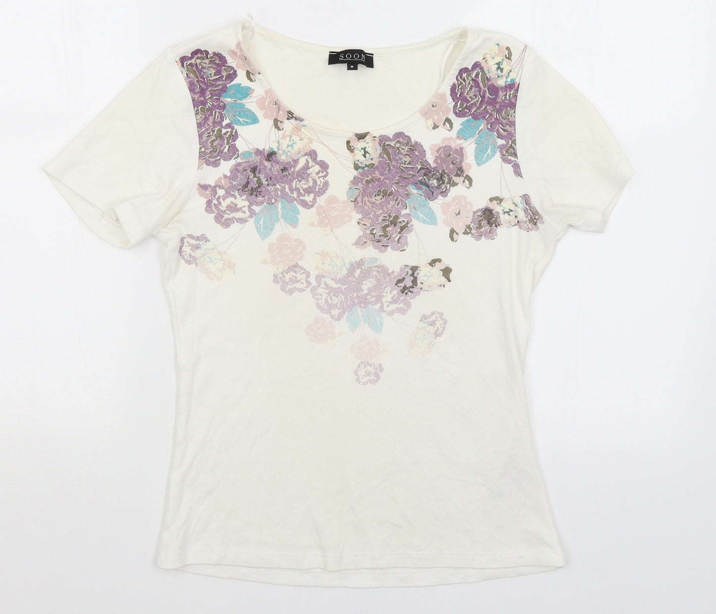 Soon Womens Ivory Floral  Basic T-Shirt Size 8