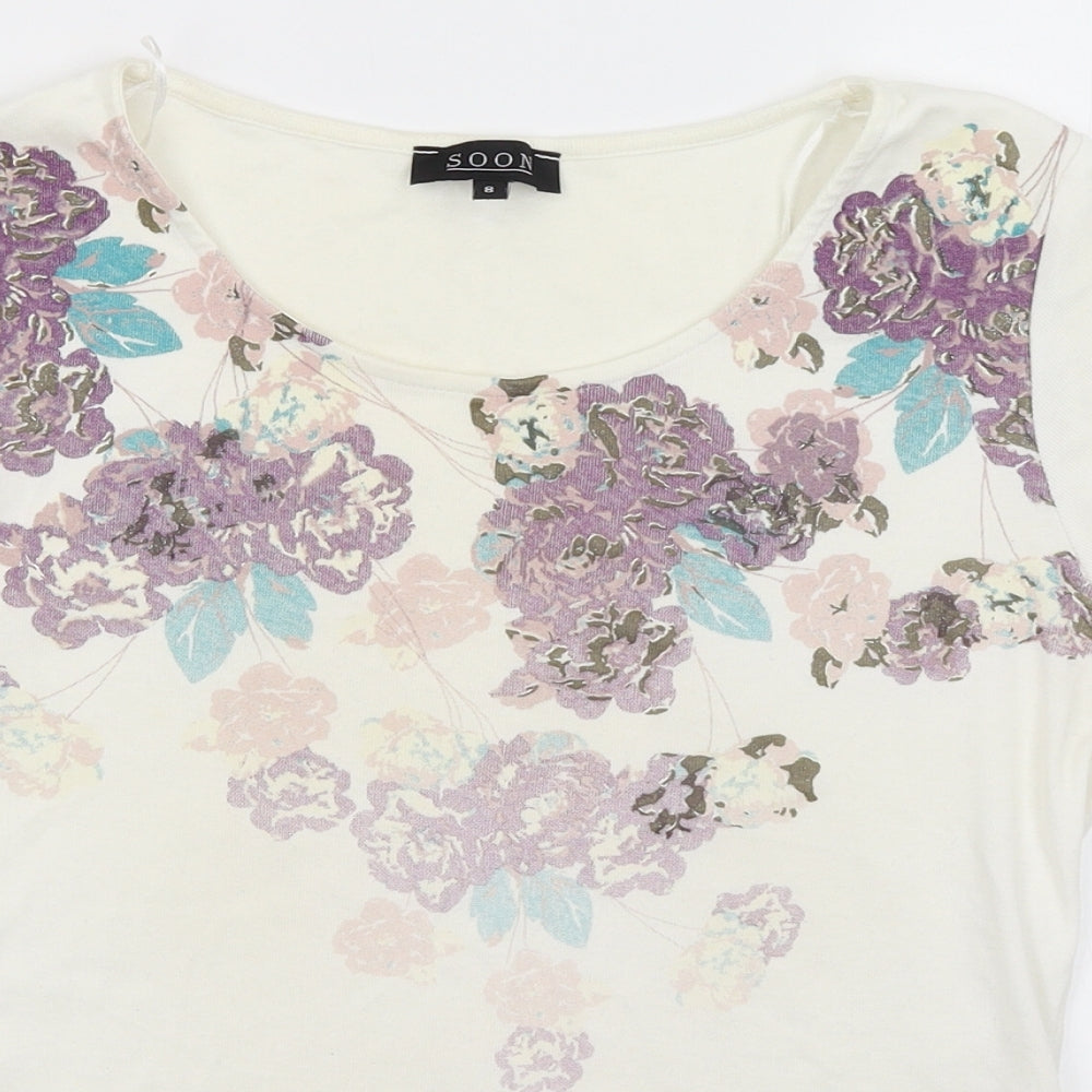 Soon Womens Ivory Floral  Basic T-Shirt Size 8