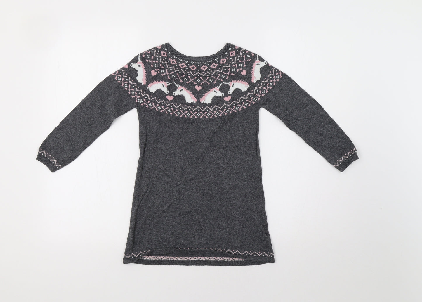 Primark Girls Grey Fair Isle  Jumper Dress  Size 6-7 Years  - Unicorns