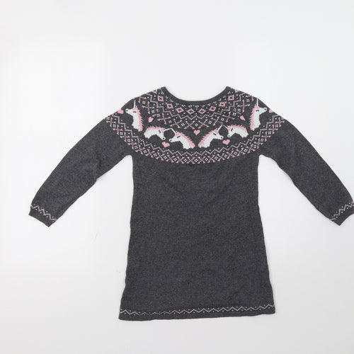 Primark Girls Grey Fair Isle  Jumper Dress  Size 6-7 Years  - Unicorns