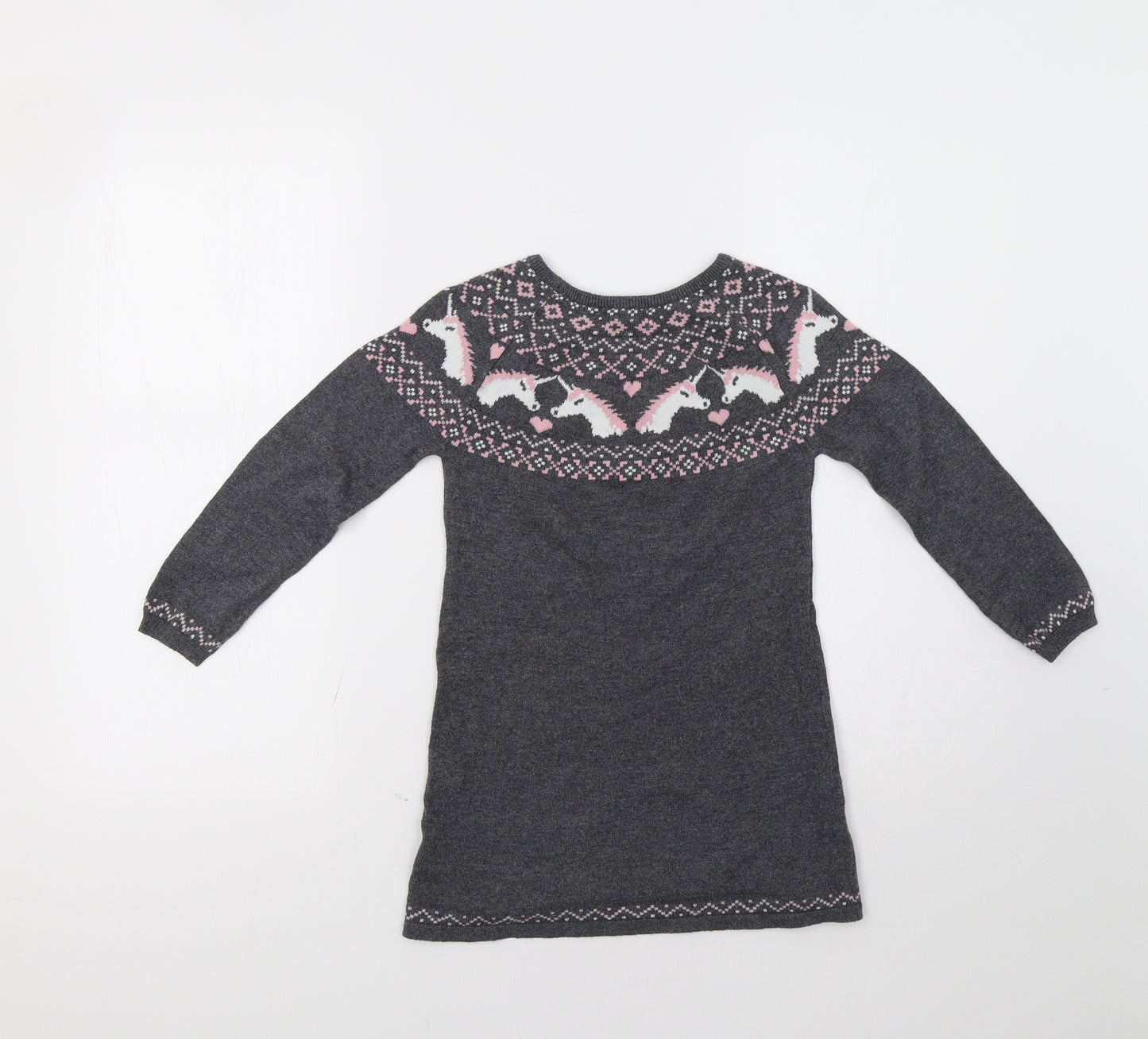 Primark Girls Grey Fair Isle  Jumper Dress  Size 6-7 Years  - Unicorns