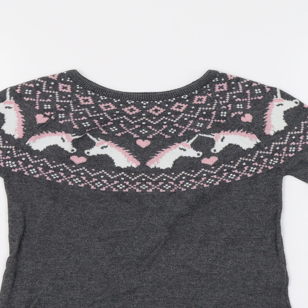Primark Girls Grey Fair Isle  Jumper Dress  Size 6-7 Years  - Unicorns