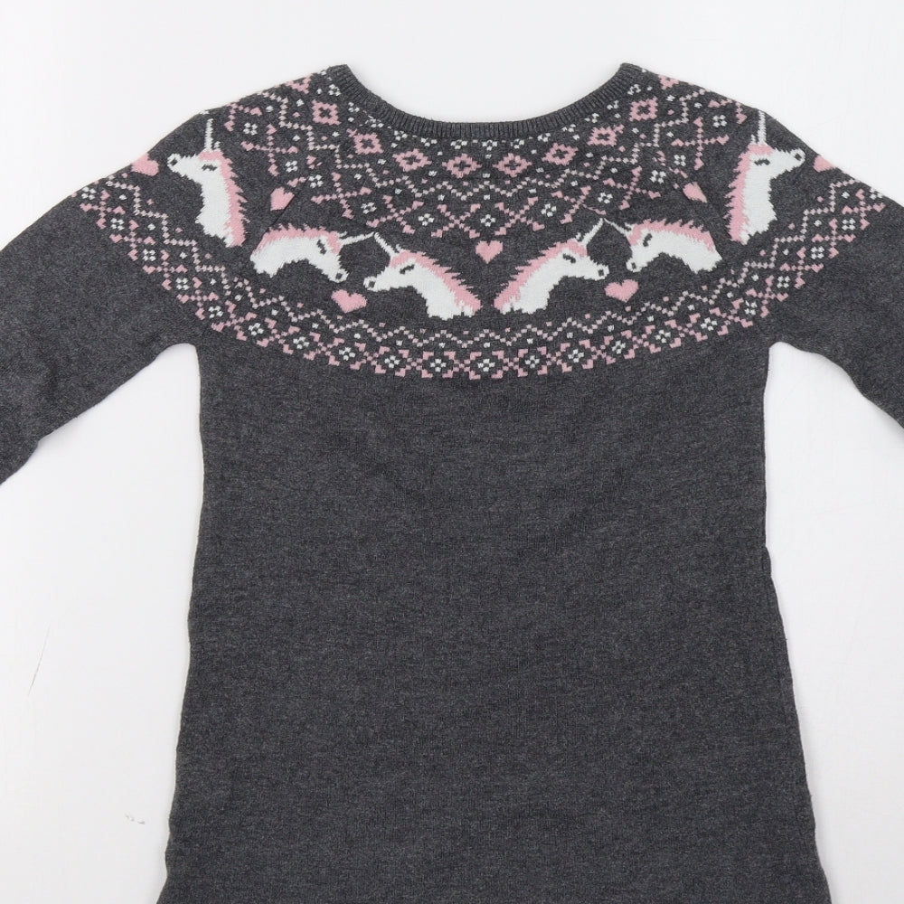 Primark Girls Grey Fair Isle  Jumper Dress  Size 6-7 Years  - Unicorns