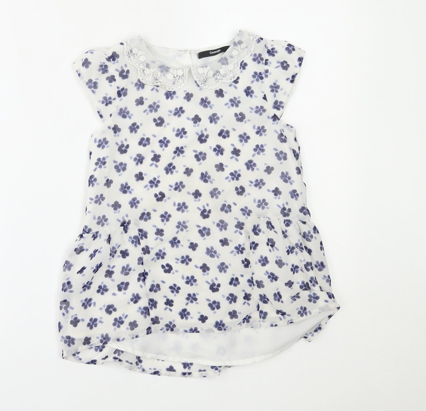 George Girls White Floral  Basic Blouse Size 8-9 Years