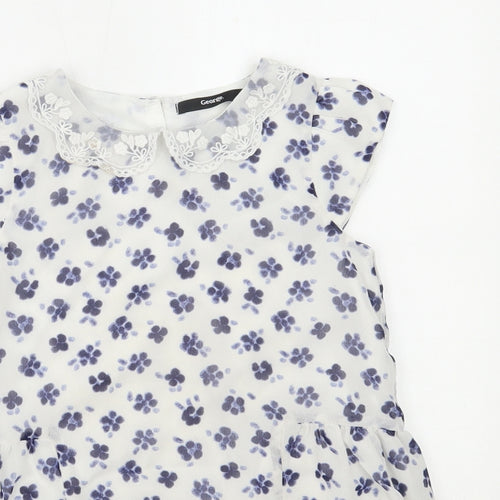 George Girls White Floral  Basic Blouse Size 8-9 Years
