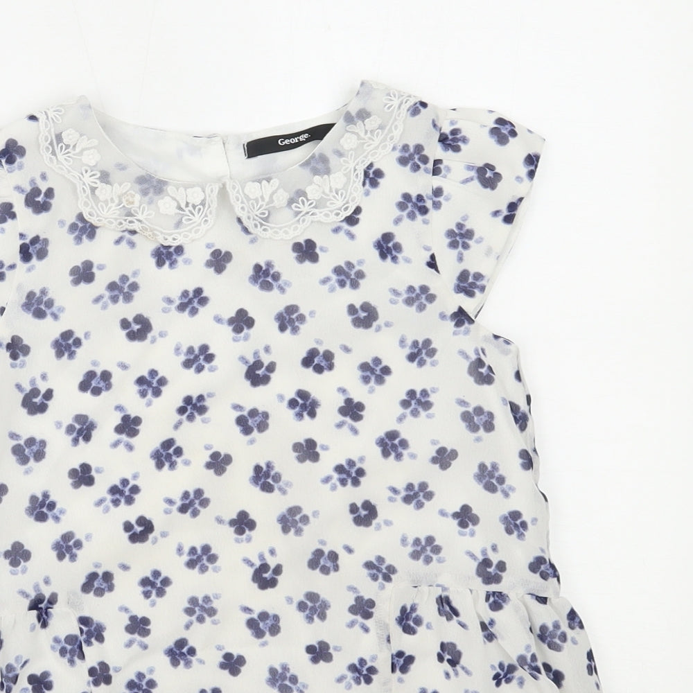 George Girls White Floral  Basic Blouse Size 8-9 Years