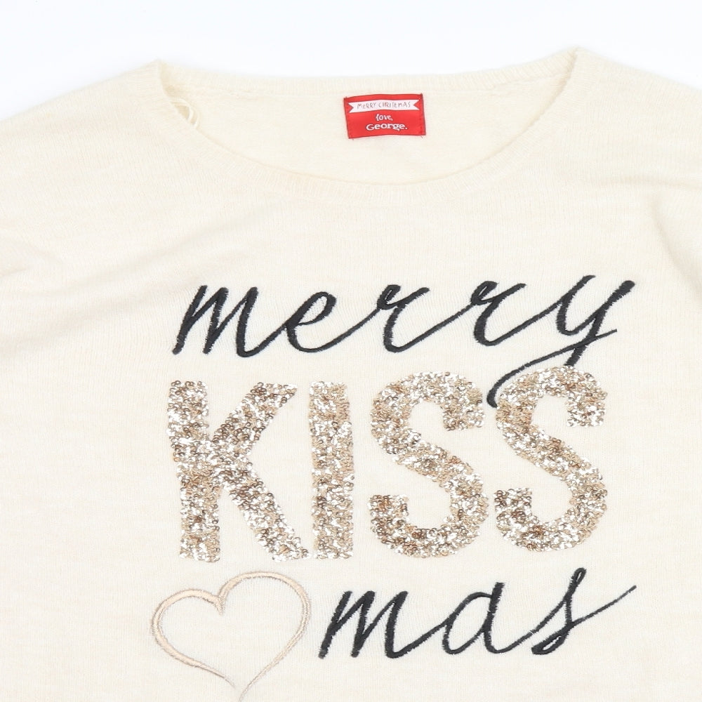 George Womens White   Pullover Jumper Size 12  - Christmas, Merry Kiss Mas