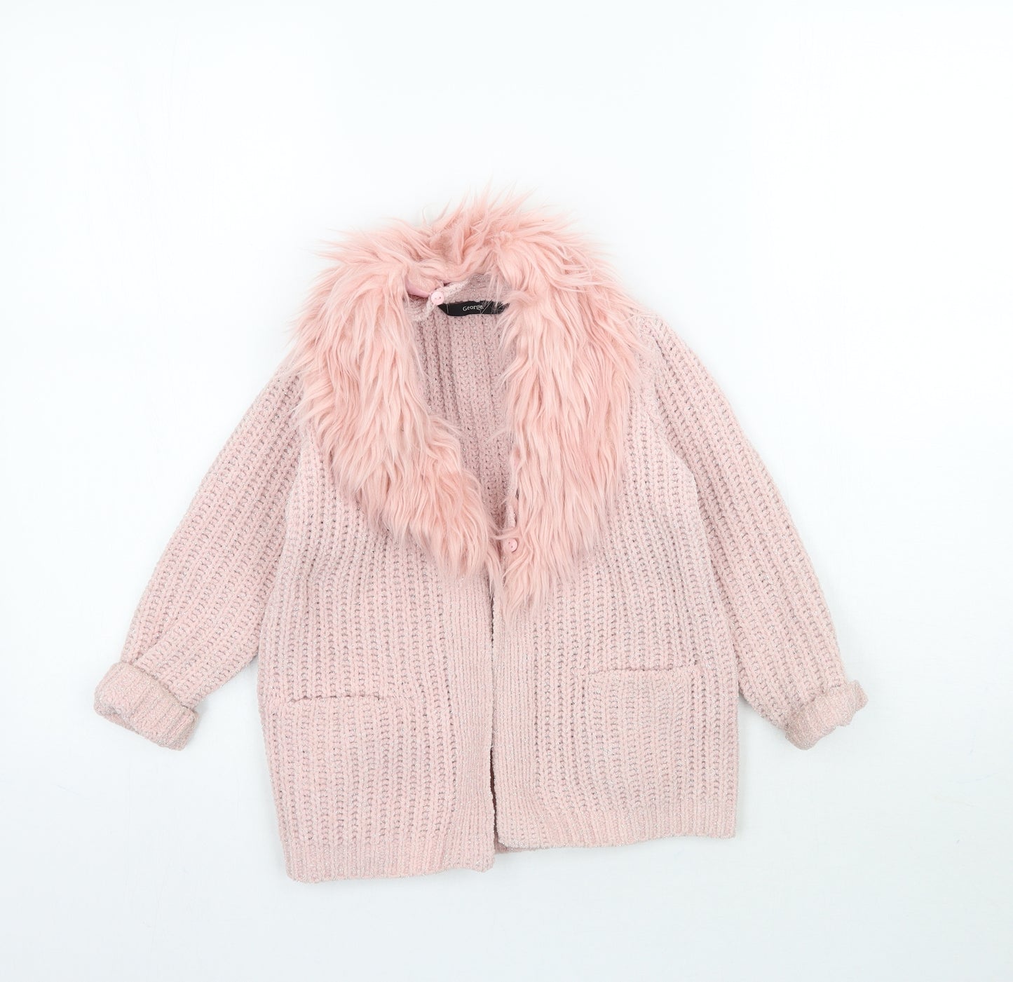George Girls Pink  Knit Cape Jumper Size 4-5 Years  - Faux fur Collar