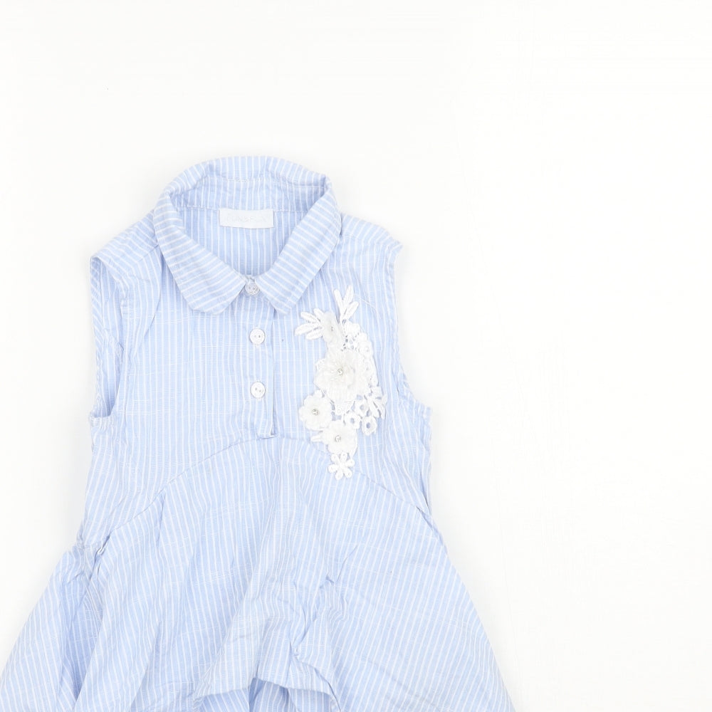Fun & Fun Girls Blue Striped  Basic Button-Up Size 5 Years  - Lace & Flower details