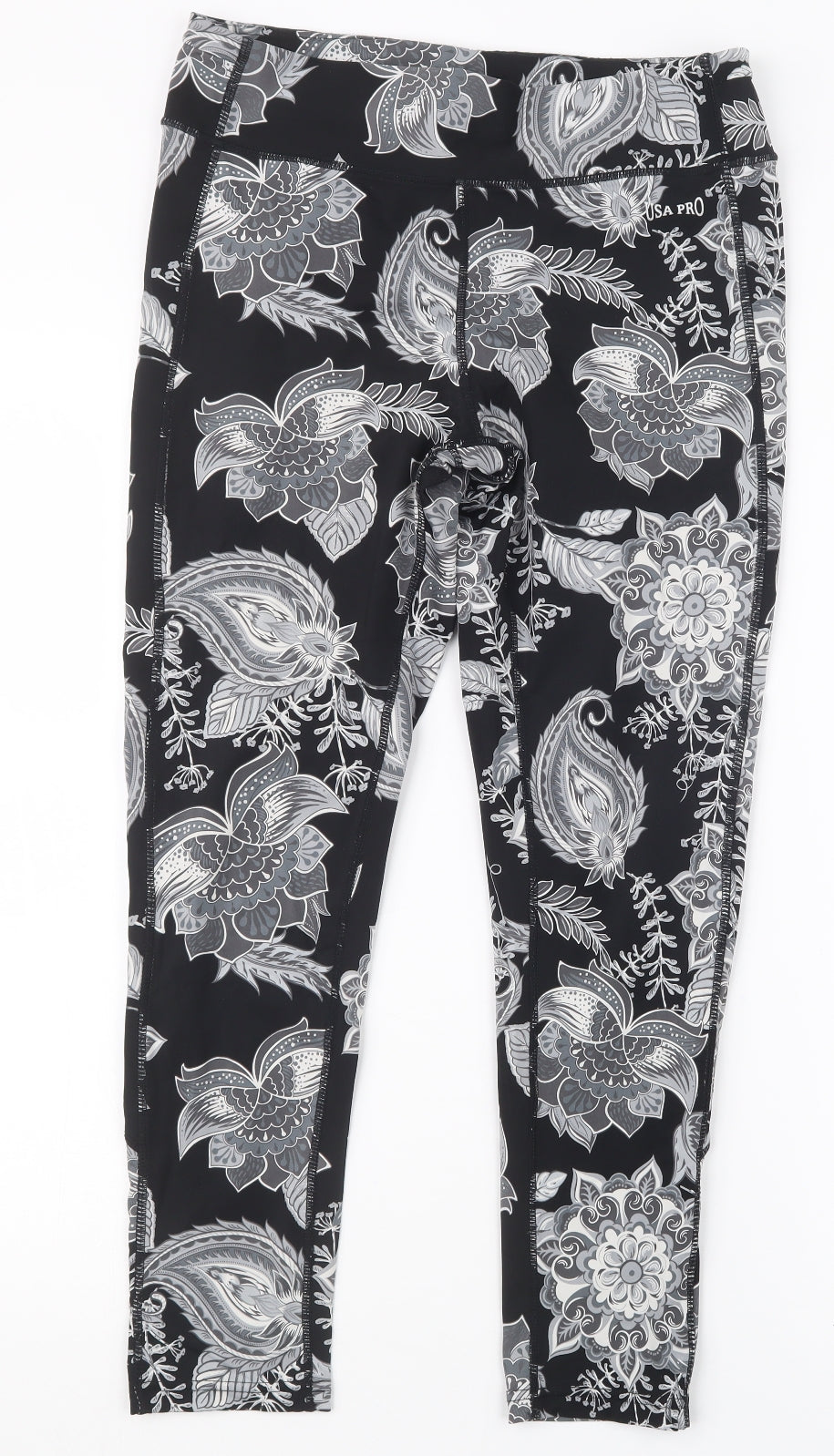 USA Pro Womens Black Geometric  Cropped Leggings Size 12 L24 in