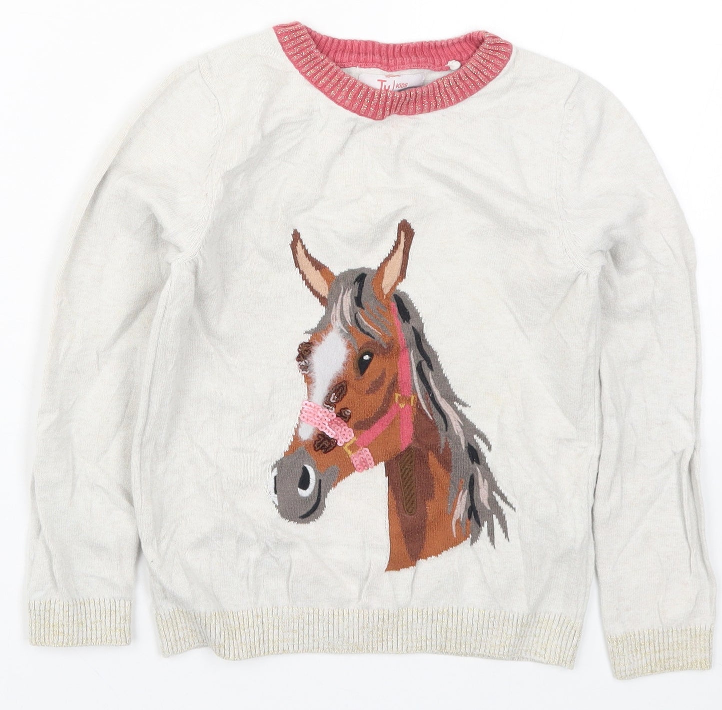 TU Girls Grey  Knit Pullover Jumper Size 7 Years  - Horse