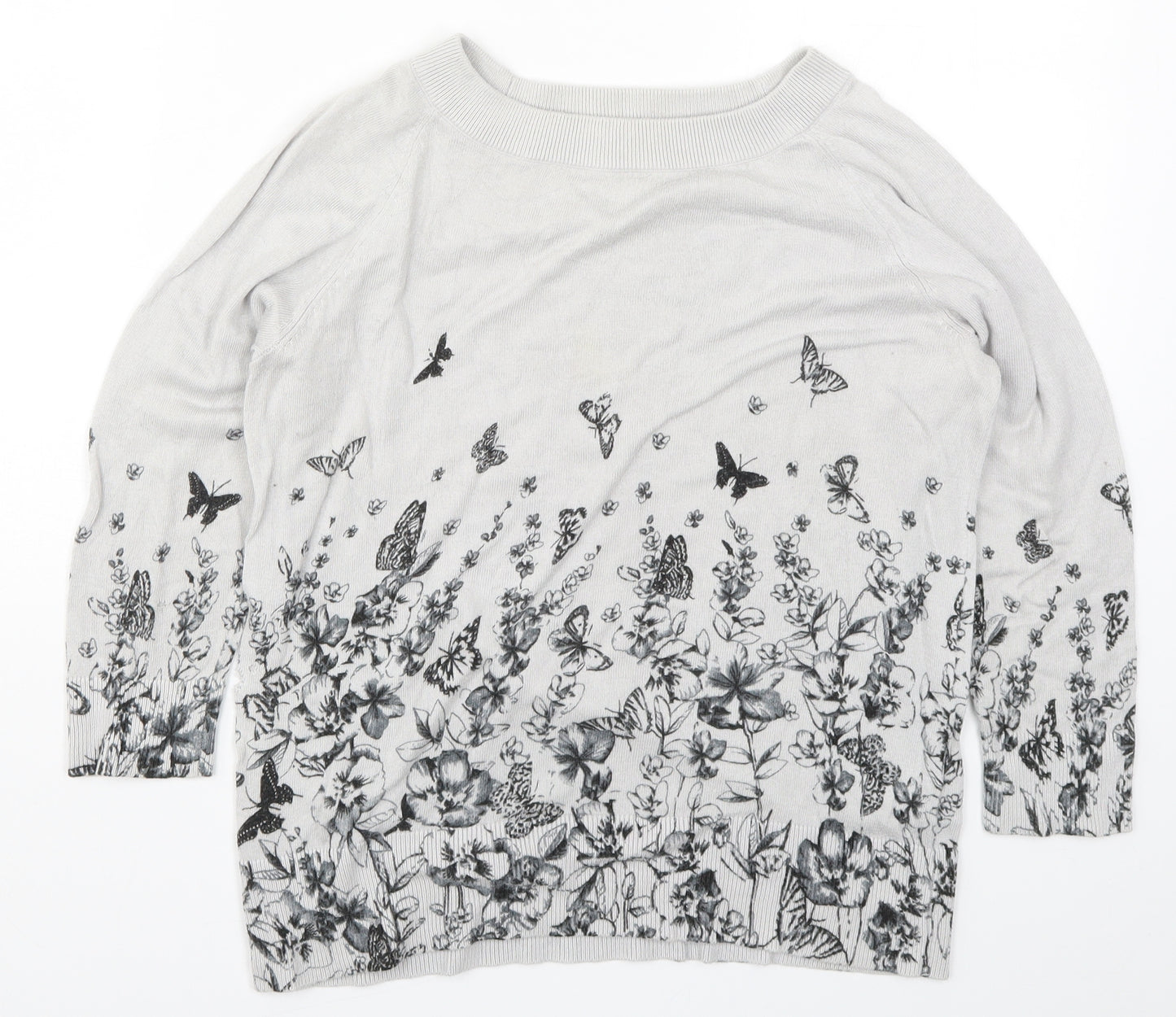 Monsoon Womens Grey Floral Knit Pullover Jumper Size 14  - Butterflies