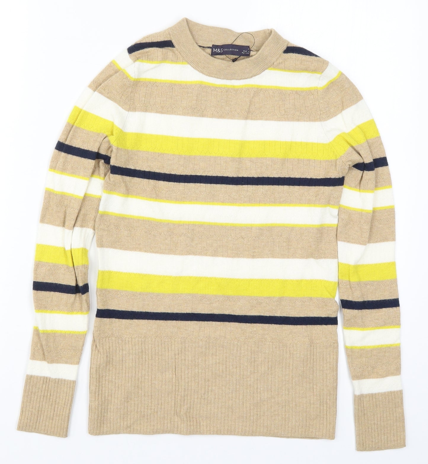 Marks and Spencer Womens Beige Striped Knit Pullover Jumper Size 8  - Yellow
