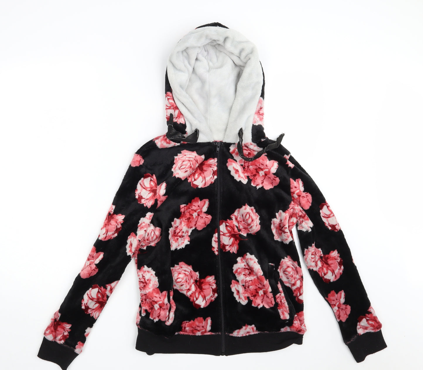 Studio Womens Black Floral  Full Zip Hoodie Size 8