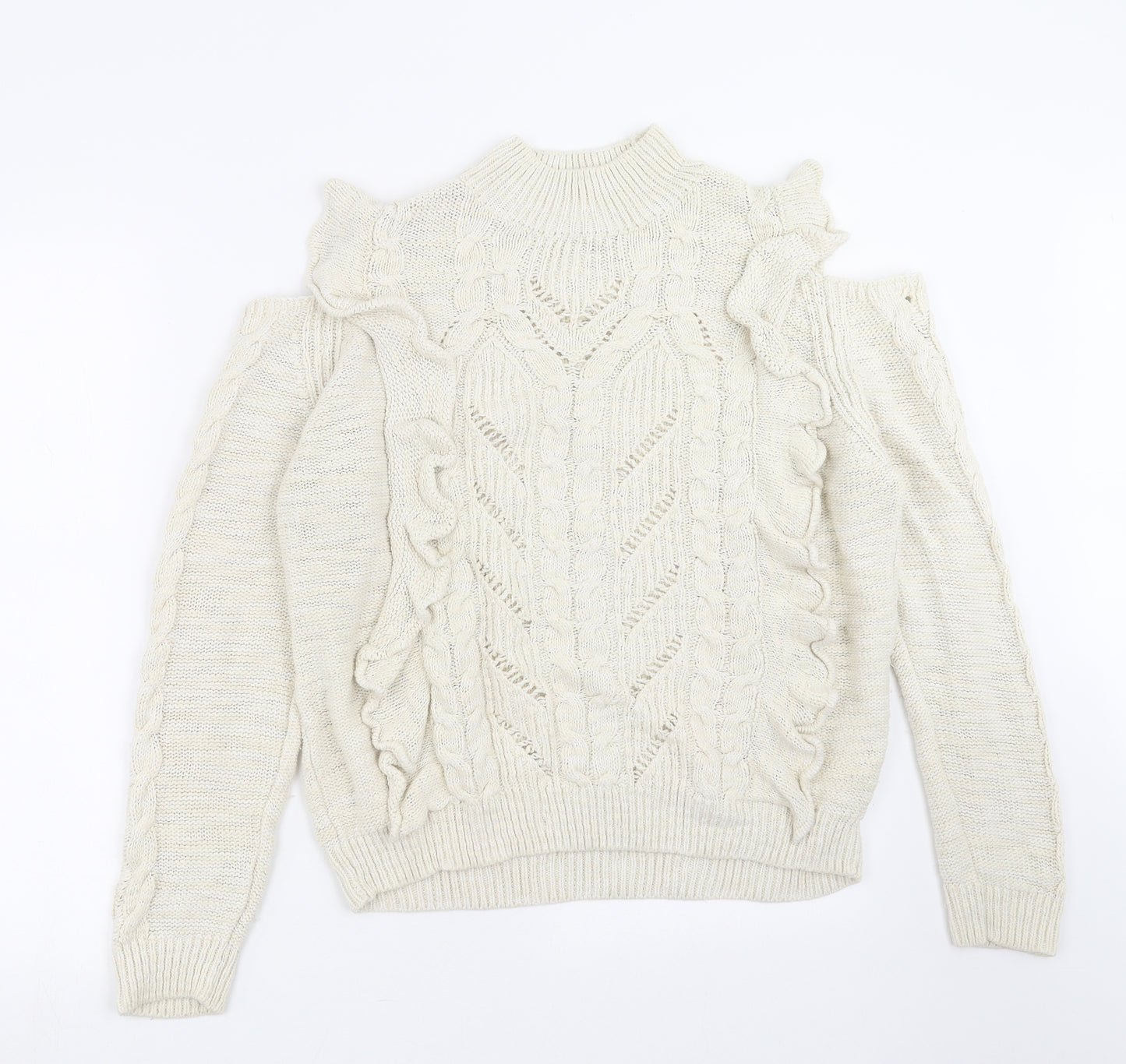 River Island Womens Beige Geometric Knit Pullover Jumper Size 14  - cold Shoulder