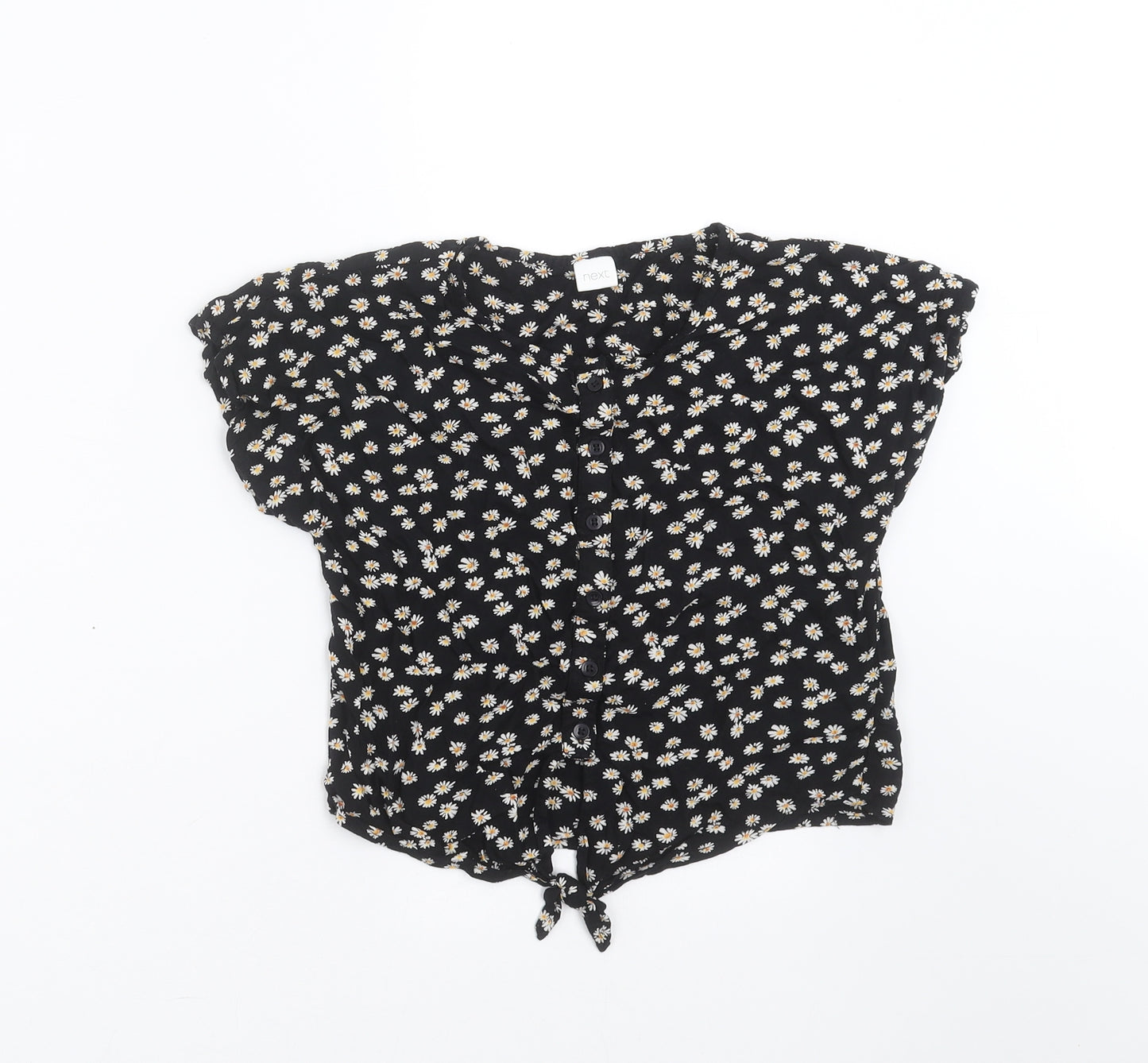 NEXT Girls Black Floral  Basic Blouse Size 12 Years  - tie Front Detail