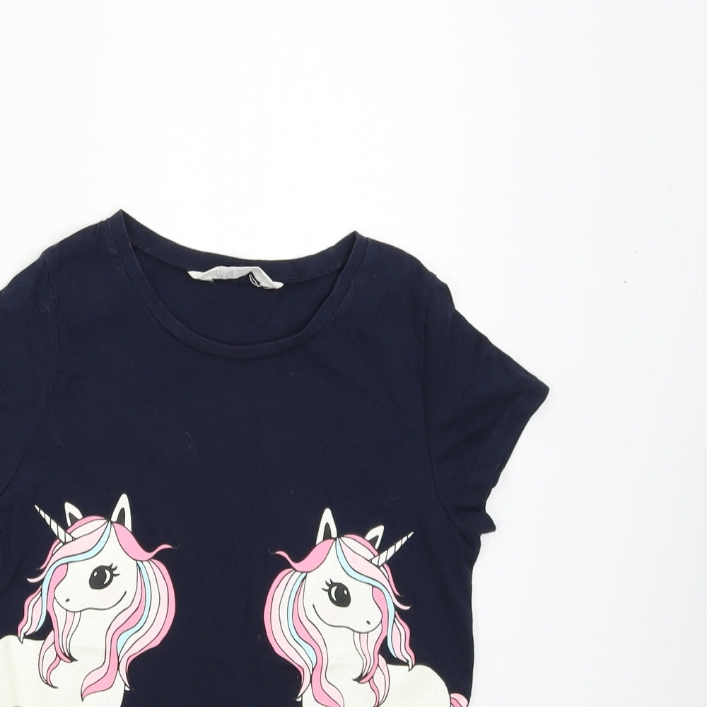 H&M Girls Blue   Basic T-Shirt Size 8-9 Years  - Unicorn