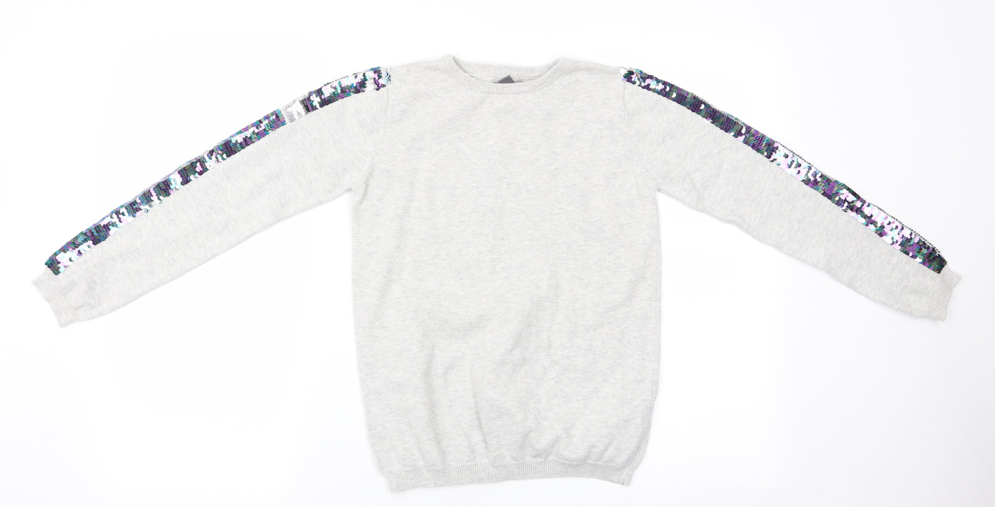 Primark Girls Grey   Pullover Jumper Size 12-13 Years  - Sequinned Arms