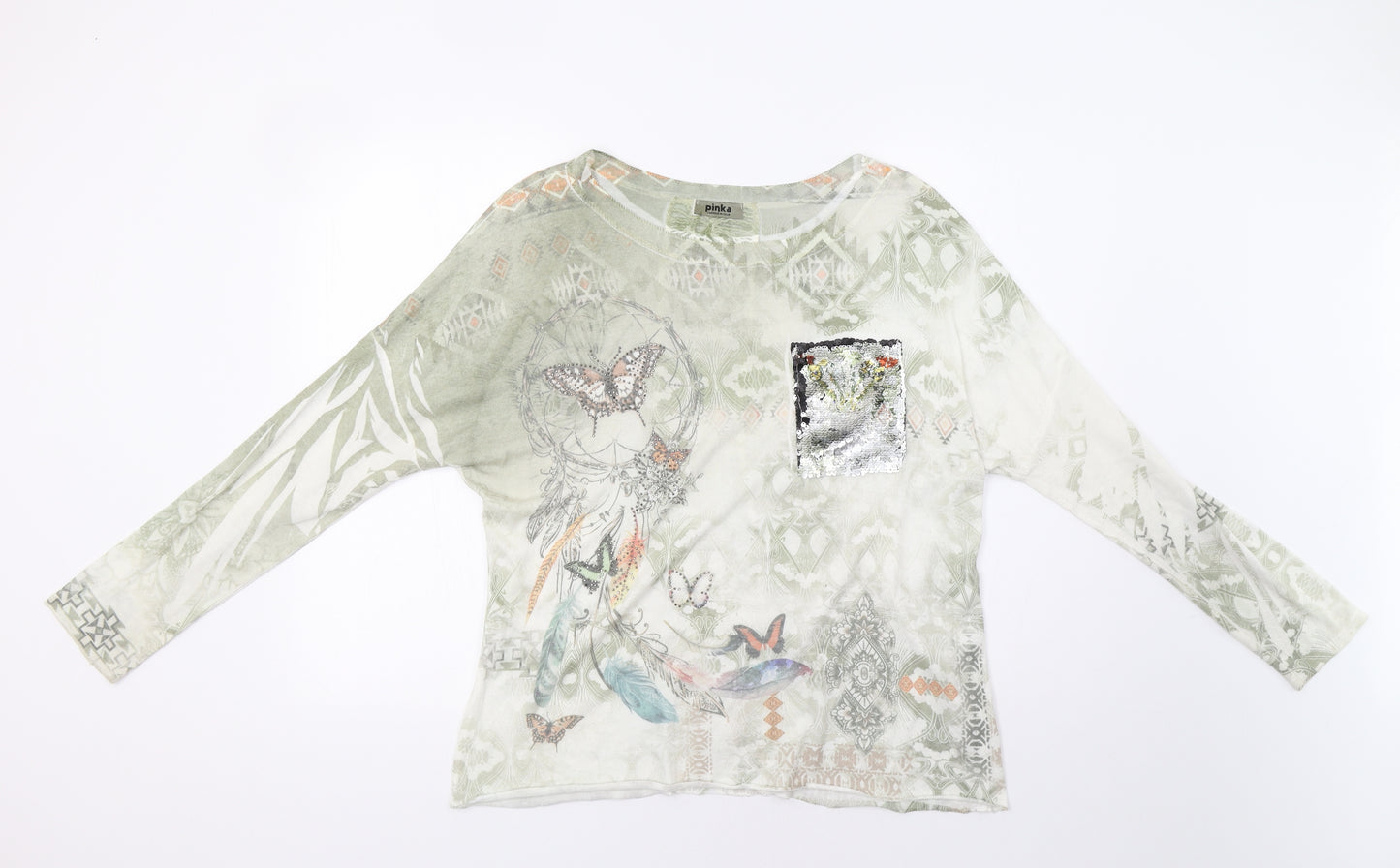 Pinka Womens Green Floral  Basic Blouse Size M  - Sequin Detail