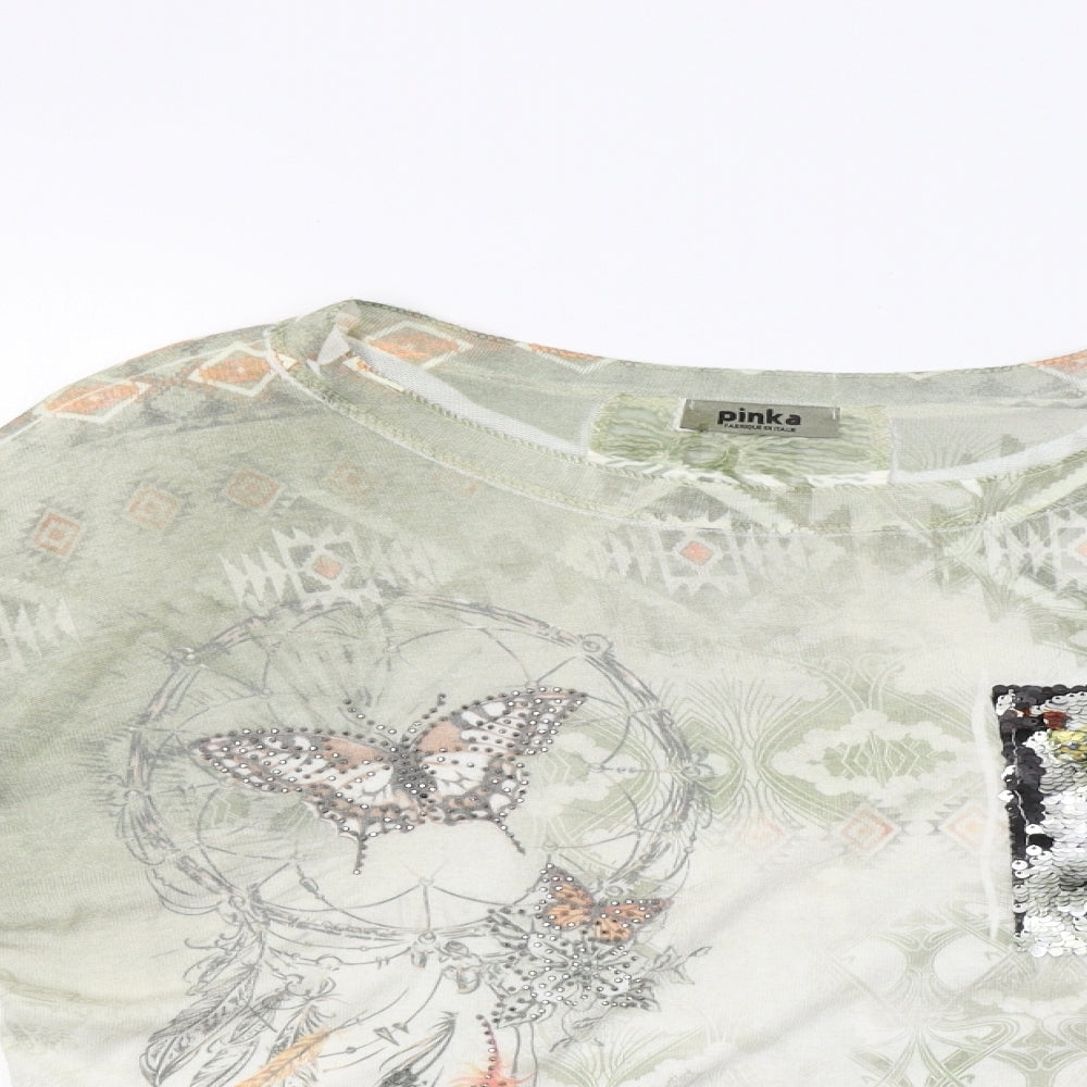 Pinka Womens Green Floral  Basic Blouse Size M  - Sequin Detail