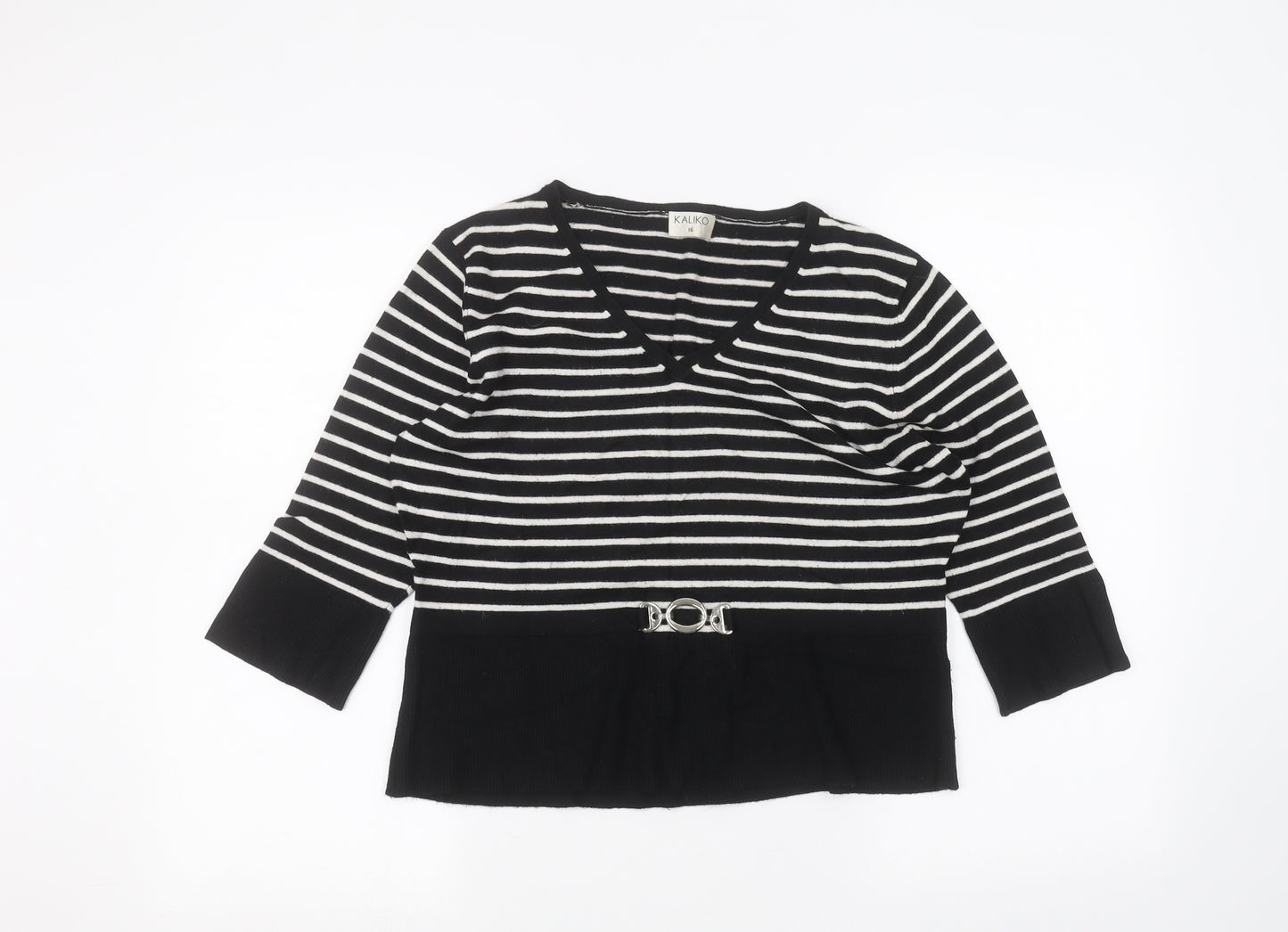 Kaliko Womens Black Striped  Basic T-Shirt Size 16