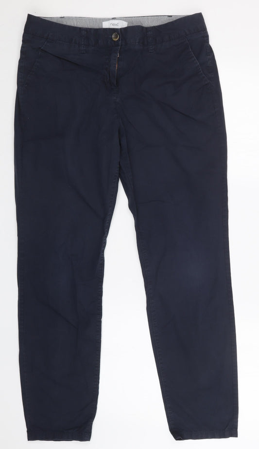 Front view of NEXT women’s blue trousers, size UK 12, 29-inch leg